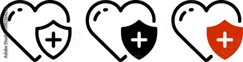 Three minimalist vector graphic heart icons featuring a medical shield with a cross symbol designed for healthcare websites and professional medical apps or insurance digital projects
