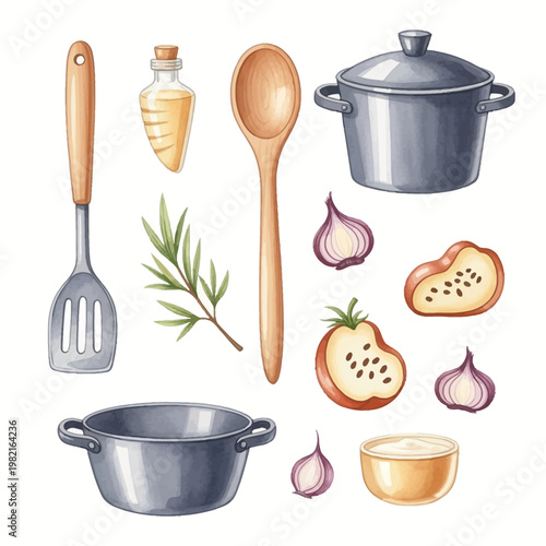 Watercolor illustration featuring kitchen utensils and cooking ingredients including metal pots, wooden spoon, spatula, olive oil, rosemary, red onions, and sliced vegetables.
