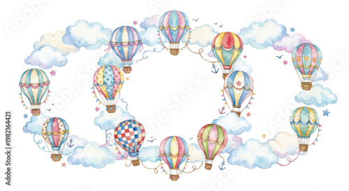 Colorful Hot Air Balloons Floating Among Fluffy Clouds in a Whimsical Scene, isolated on transparent background