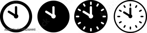 Set of four monochrome vector clock icons displaying the same time, perfect for modern digital interface design elements, illustrating schedule and deadline concepts.