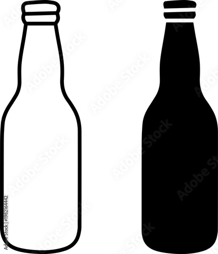 Minimalist vector graphic illustration of two beer bottles featuring both a clean outline style and a solid black filled silhouette for versatile modern design project applications