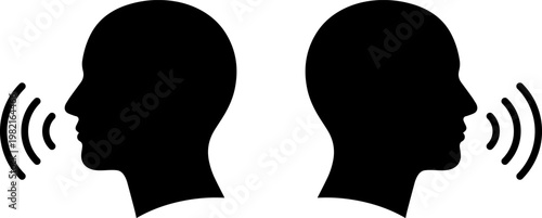 Vector illustration of two abstract human head silhouettes facing away, with sound waves emanating, symbolizing communication, speech, dialogue, or talking in a simple graphic design.