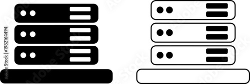 Minimalist vector graphic set showing two simple server rack icons isolated on a white background for modern information technology web and mobile application interface designs