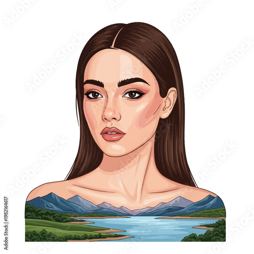 Vector portrait of a young woman with long brown hair and makeup featuring a double exposure landscape illustration of mountains and a lake on her shoulders, white background.