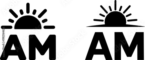 Minimalist vector graphic illustration featuring two distinct morning time icons with sun symbols placed above bold am text for use in digital clock interface design