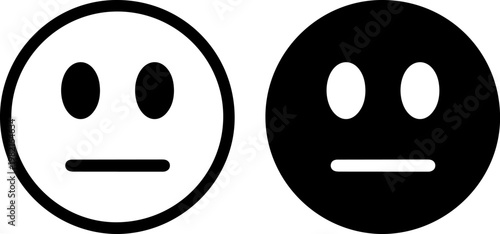 These versatile vector graphic illustrations depict a neutral, expressionless emoji face in two distinct styles, offering essential design elements for user interface and communication applications.