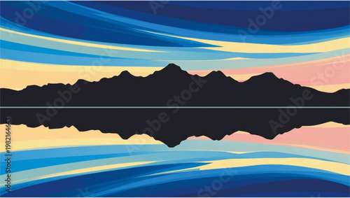 Abstract colorful mountain range landscape with reflection on water surface at sunset