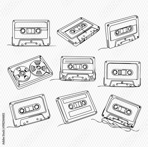 Set of hand-drawn audio cassette tapes, vintage music storage devices, retro sound recording technology, and old-school media collection.