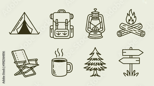 Outdoor camping scene with tent, backpack, lantern, fire, chair, coffee, tree, and sign