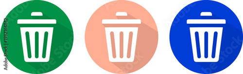 Three flat vector design icons representing trash bin removal symbols for modern user interface digital applications displayed within colorful circular buttons for clean creative graphic projects