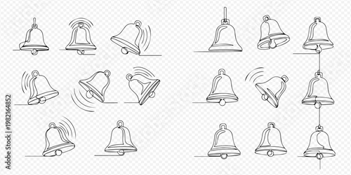 Hand-drawn doodle sketch illustration of ringing bells set with various angles and movements, perfect for notifications and alerts.