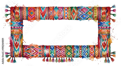 Colorful Handwoven Textile Frame with Bright Patterns and Decorative Fringe, isolated on transparent background