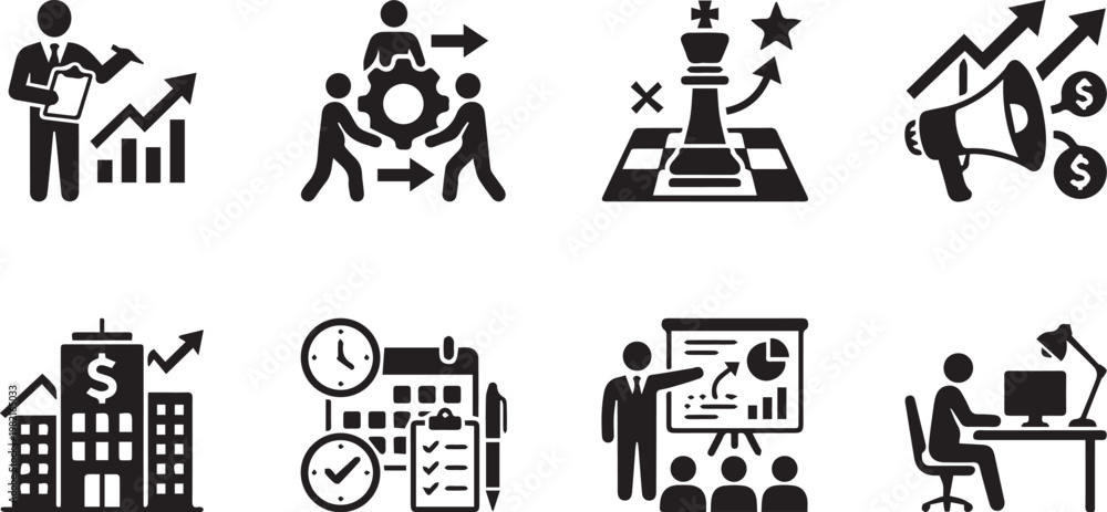 Fototapeta premium Business Icons Representing Strategy: A collection of concise, symbolic illustrations captures the essence of strategic operations, leadership, and forward planning within a business setting. 