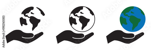 Hands Holding Earth Globe Silhouette Vector Icon Set, Global Care and Environmental Protection 
Concept Illustration, International Connection Line Art Graphic Design