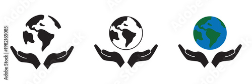 Hands Holding Earth Globe Silhouette Vector Icon Set, Global Care and Environmental Protection 
Concept Illustration, International Connection Line Art Graphic Design