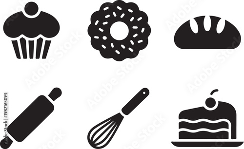 Baking and Sweet Confectionery Icons Featuring Tools and Delicious Pastries