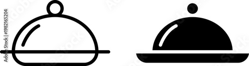 Black and white food platter cloche vector illustrations displaying simple culinary serving tray designs for restaurant menus or digital hospitality industry icons and branding graphic projects