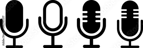 Minimalist vector graphic set showing four different simple black microphone silhouettes for modern podcast branding or recording studio digital interface designs and audio visual broadcast elements