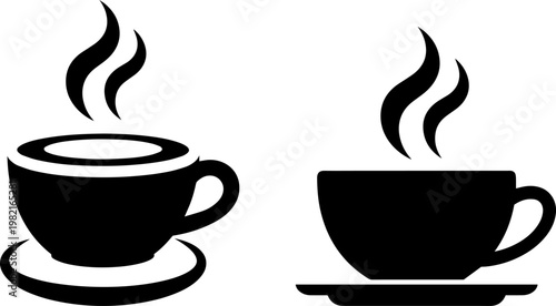 Professional black vector graphic illustration depicting two steaming cups of hot coffee served on small saucers for a modern cafe menu or creative beverage branding design