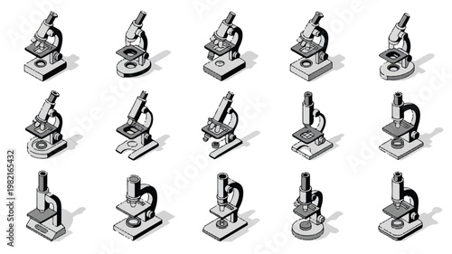 Isometric illustration of fifteen microscopes arranged in rows on a surface