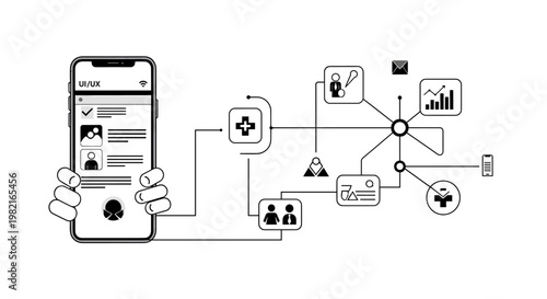 A stylized illustration showing a hand scrolling on a smartphone, suggesting engagement and digital connection. Perfect for technology, social media, 