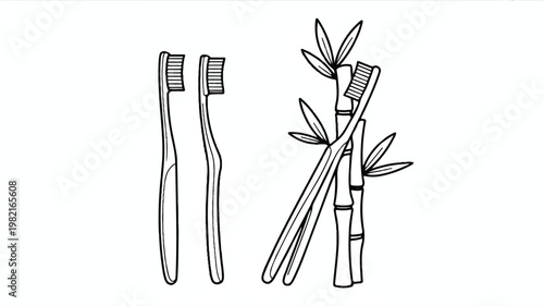 An illustration of toothbrushes and bamboo in a natural setting