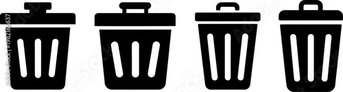 Simple black trash bin vector graphic icons set showing various container styles for digital user interface designs or software deletion buttons on your modern computer screen