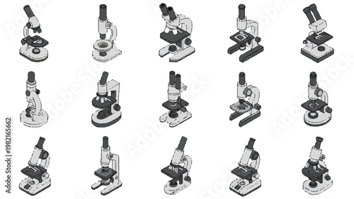 A collection of various black and white line drawings of microscopes are shown.