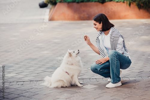 Εκτύπωση καμβά Young woman training and rewarding her white fluffy dog on an urban pavement, sm
