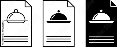 Minimalist vector graphic illustration featuring three distinct restaurant menu icon styles displayed as white paper sheets with elegant covered food platter symbols for culinary design usage