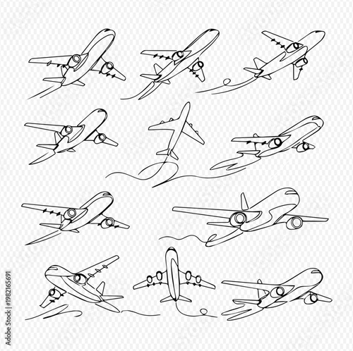 Set of hand-drawn airplane sketches in various flight positions, perfect for travel and aviation designs.