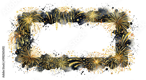 Golden and Black Festive Fireworks Frame for Celebrations and Events, isolated on transparent background