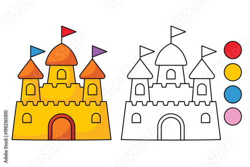 cartoon sand castle with colored and outline version