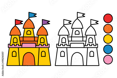 coloring book sand castle with flags and color palette