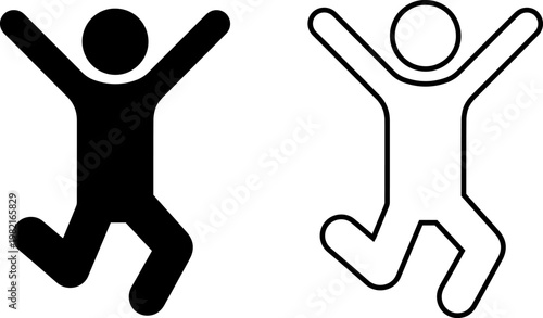 Minimalist vector graphic illustration featuring two stylized human stick figures in jumping poses demonstrating joyful energy and excitement through simple black lines and solid shapes