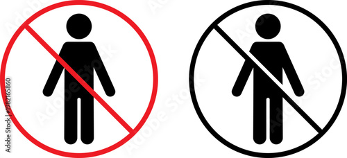 Professional vector illustration of two distinct prohibition symbols featuring a person figure crossed out inside circular frames for clear safety signage and public area access control