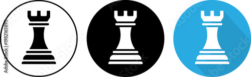 Minimalist vector graphic set showing stylized chess rook pieces inside circular badges for modern game interface design projects requiring professional board game asset visual elements