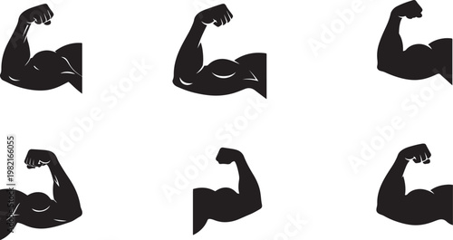 Collection of six flexing bicep muscle silhouettes with strength bodybuilding illustration