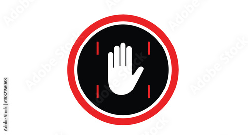 A red and black circular sign depicting a white hand with a stop gesture