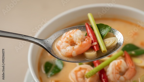 Delicious Tom Yum soup with a plump shrimp and aromatic herbs on a silver spoon