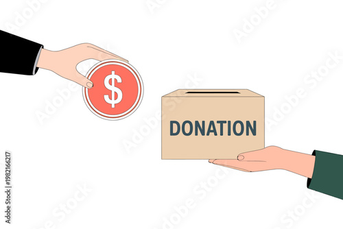 hands holding donation box and dollar coin