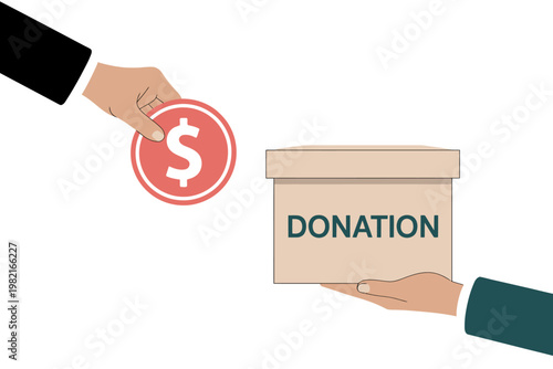 hands holding donation box and dollar coin