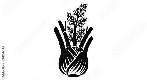 A stylized black and white illustration of a fennel plant