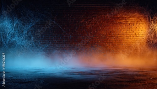 Dramatic Contrasting Light and Smoke on Textured Brick Wall.