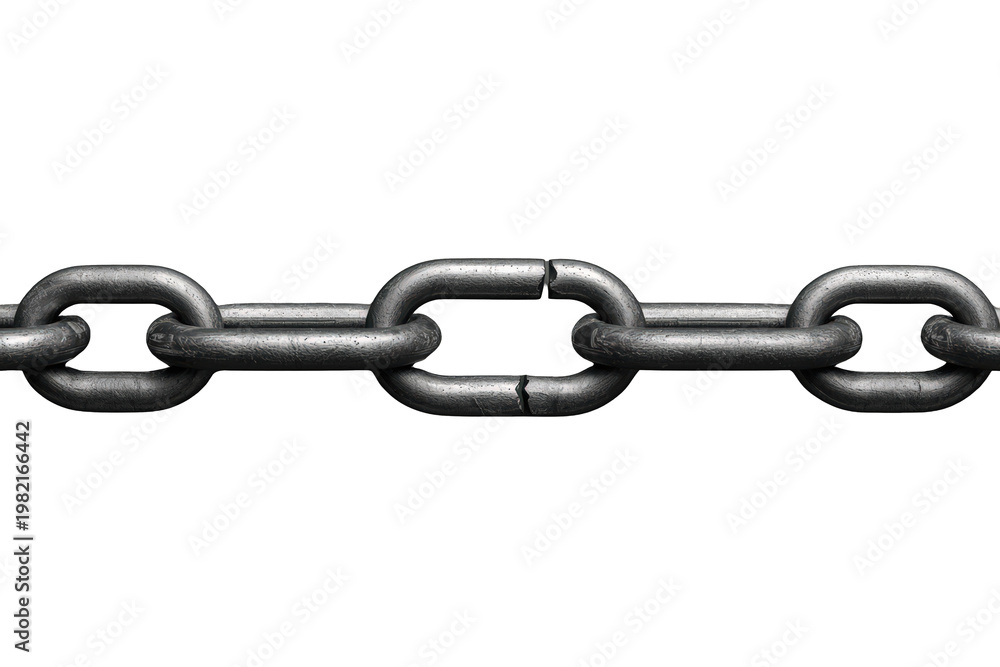 Fototapeta premium Broken metal chain link creating a strong concept of breaking free, weakness, failure, or liberation on transparent background
