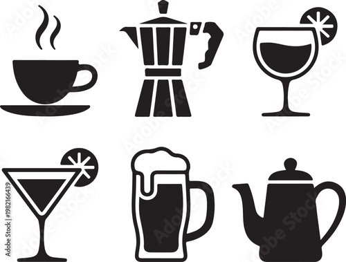 Refreshing Beverage and Drinkware Icons Collection for Cafes and Bars