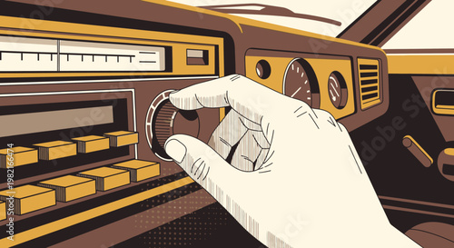 Close-up of a hand turning the tuning knob on a vintage car radio, retro aesthetic, 1980s style