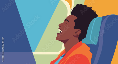 Joyful young man laughing with eyes closed while traveling on an airplane, enjoying the journey