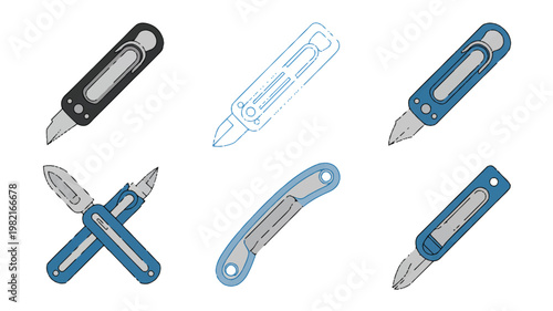 An illustration shows various pocket knives and a pencil arranged on a surface