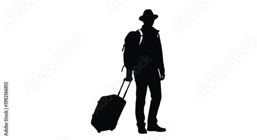 Silhouette of a traveler with luggage and a backpack standing indoors